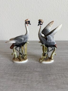 Vintage LEFTON CHINA Hand Painted Black Crowned Crane 1950s Japan Figurines
